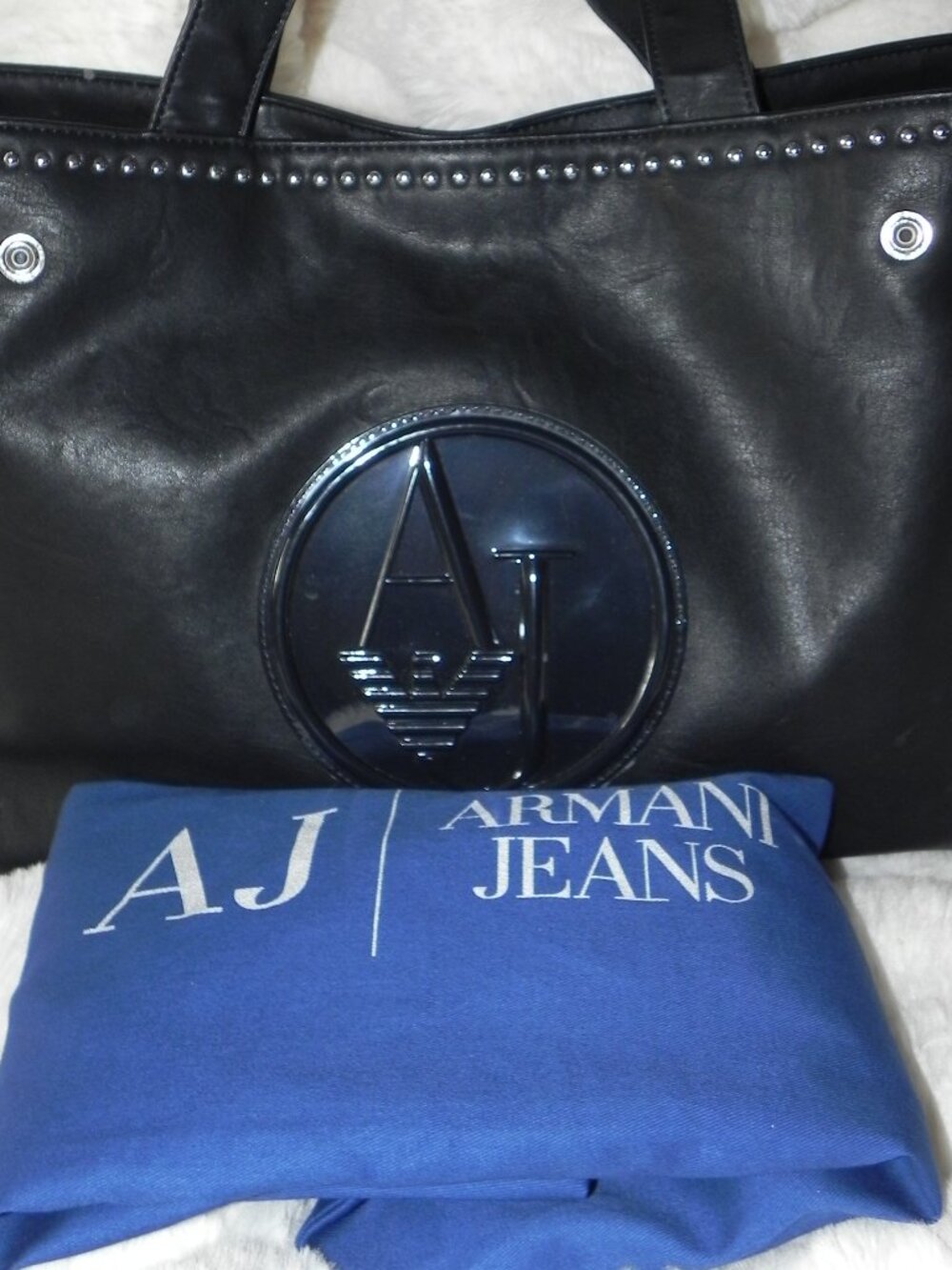 VTG ARMANI JEANS Black Faux- Leather w/Dust Bag and Circular Logo.